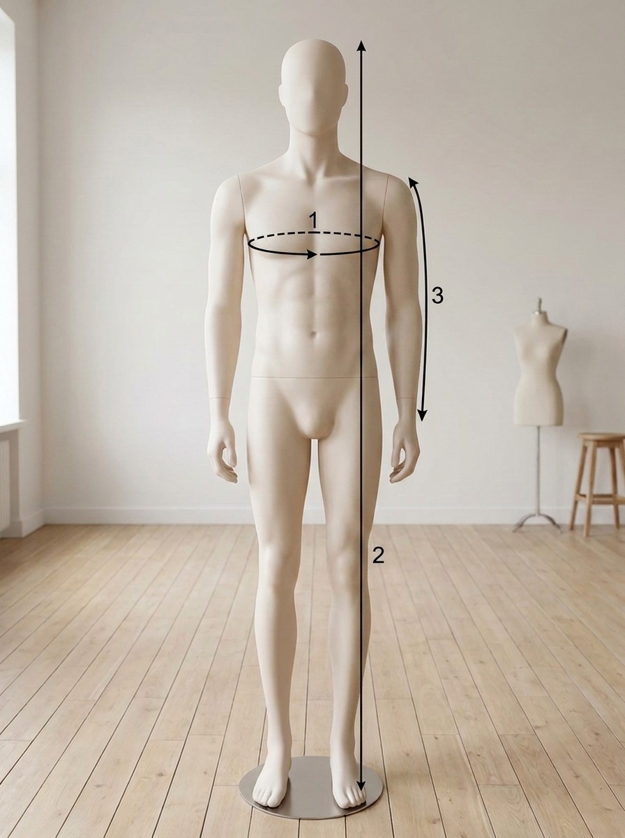 Diagram showing how to measure chest circumference, height, and arm length on a mannequin